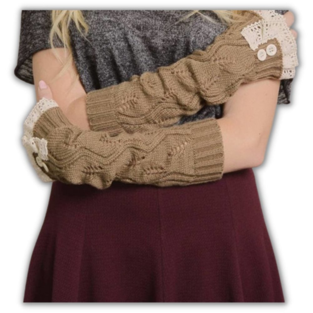 Acrylic Arm Warmers With Lace Trim Tan Mocha